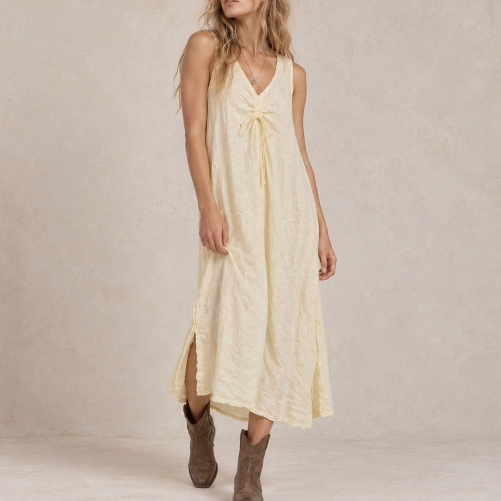 Linen Midi Dress Drawstring Bust S Butter Yellow Italy Quiet Luxury Minimalist